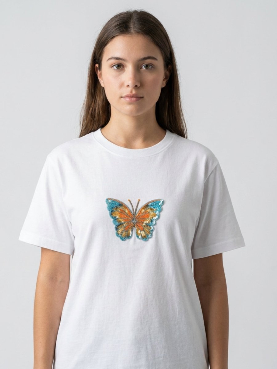 Women White With Multi Butter Fly Embellished Tshirt - GAIIA